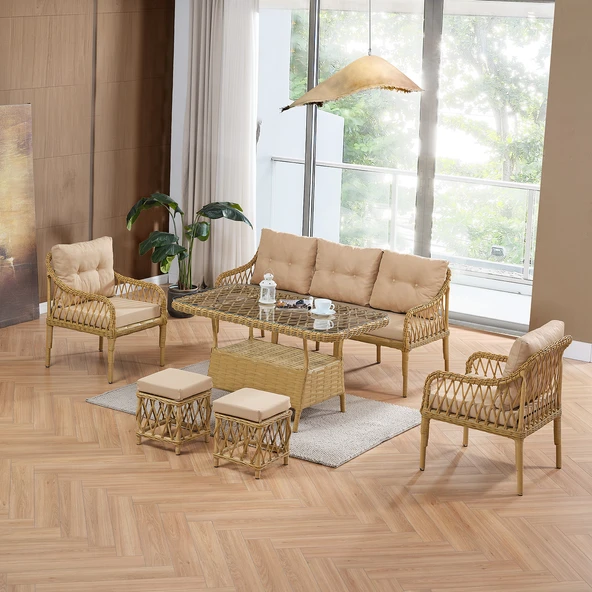 Evdemo Joy Rattan Puflu Bahçe Balkon Takımı 3+1+1+Camlı Masa Cappuccino ürün görseli 1