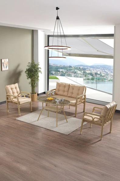Evdemo Rio Rattan Bahçe Balkon Oturma Takımı 2+1+1+Camlı Masa Cappuccino ürün görseli 1