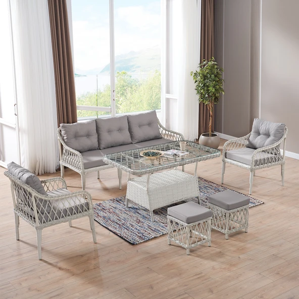 Evdemo Joy Rattan Puflu Bahçe Balkon Takımı 3+1+1+ Camlı Masa Kemik Rengi ürün görseli 1