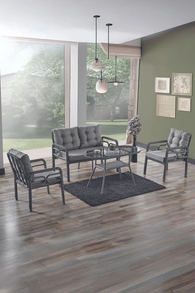 Evdemo Rio Rattan Bahçe Balkon Oturma Takımı 2+1+1+Camlı Masa Gri ürün görseli 1