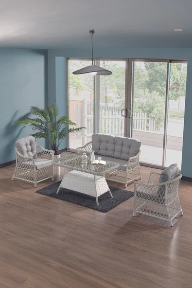 Evdemo Icon Rattan Bahçe Balkon Oturma Takımı 2+1+1+Camlı Masa Kemik Rengi ürün görseli 1