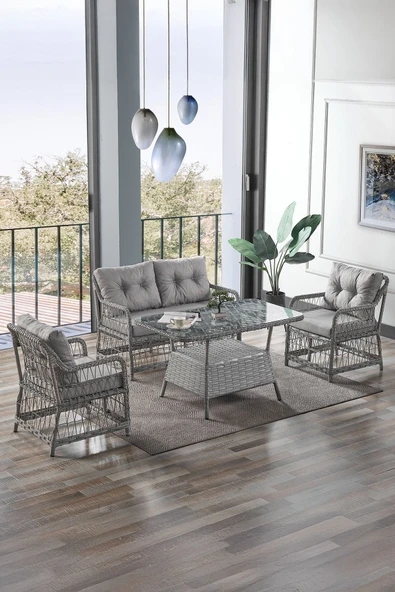 Evdemo Breda Rattan Örgü Bahçe Balkon Takımı 2+1+1 Cam Masalı Gri ürün görseli 1