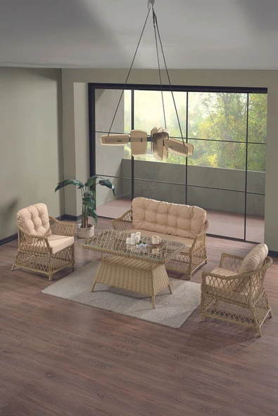 Evdemo Icon Rattan Bahçe Balkon Oturma Takımı 2+1+1+Camlı Masa Cappuccino ürün görseli 1