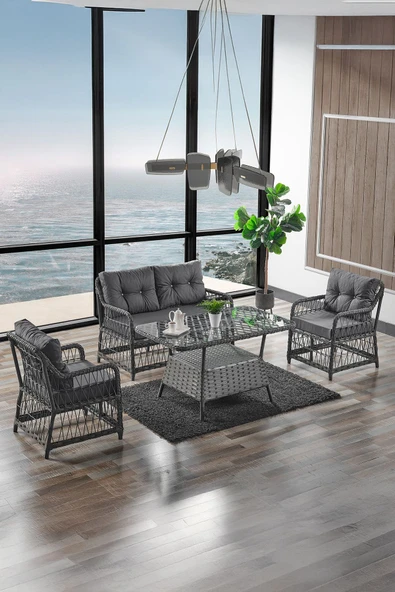 Evdemo Breda Rattan Örgü Bahçe Balkon Takımı 2+1+1 Cam Masalı Antrasit ürün görseli 1