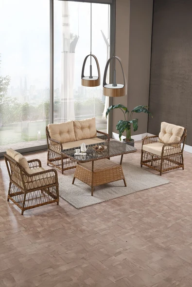 Evdemo Breda Rattan Örgü Bahçe Balkon Takımı 2+1+1 Cam Masalı Kahve ürün görseli 1