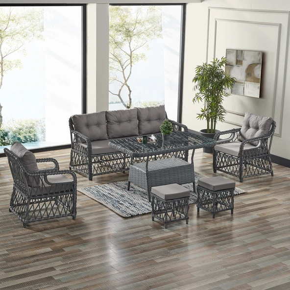 Evdemo Edra Rattan Puflu Bahçe Balkon Takımı 3+1+1+Camlı Masa Gri ürün görseli 1