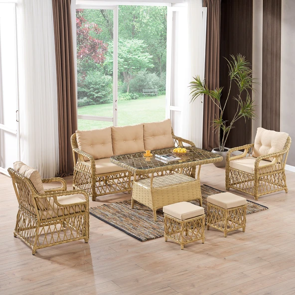Evdemo Edra Rattan Puflu Bahçe Balkon Takımı 3+1+1+Camlı Masa Cappuccino ürün görseli 1