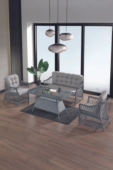 Evdemo Icon Rattan Bahçe Balkon Oturma Takımı 2+1+1+Camlı Masa Gri ürün görseli 1