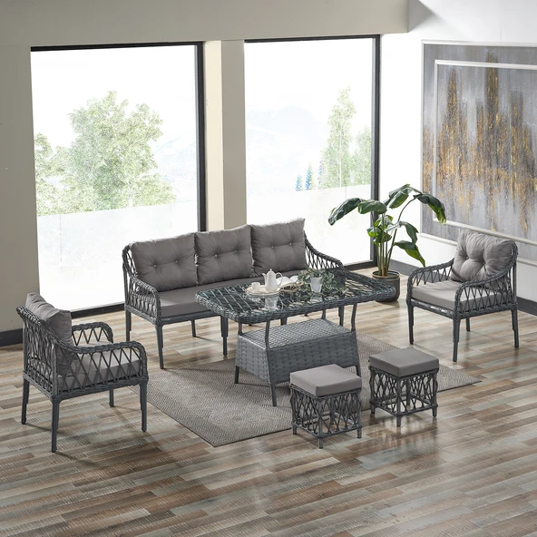 Evdemo Joy Rattan Puflu Bahçe Balkon Takımı 3+1+1+ Camlı Masa Gri ürün görseli 1