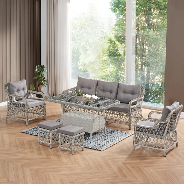 Evdemo Edra Rattan Puflu Bahçe Balkon Takımı 3+1+1+Camı Masa Kemik Rengi ürün görseli 1