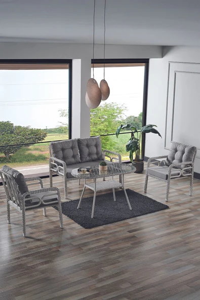 Evdemo Rio Rattan Bahçe Balkon Oturma Takımı 2+1+1+Camlı Masa Kemik Rengi ürün görseli 1