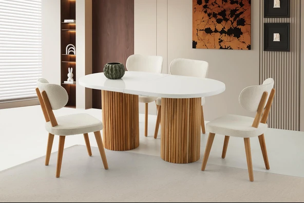 Açılır Oval HIGH GLOSS  Yemek Masası Takımı Masal Sandalye Natural 1 Masa 6 Sandalye ) ürün görseli 1