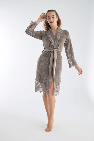 Dantelli Niki Kadife Bambu Cotton Sabahlık - Resim 2
