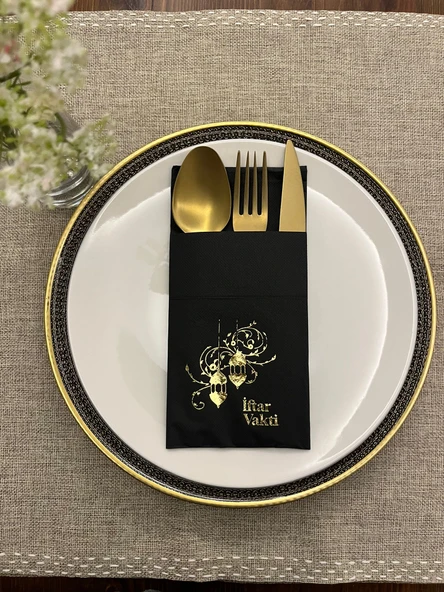 Gold Yaldızlı Siyah İftar Vakti Cepli Peçete 12 Adet ürün görseli 1