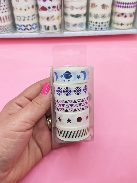 Renkli Yaldızlı Vintage Washi Tape Bant Yapışkanlı Maskeleme Kağıdı 5 lı - Gezegen ürün görseli 1