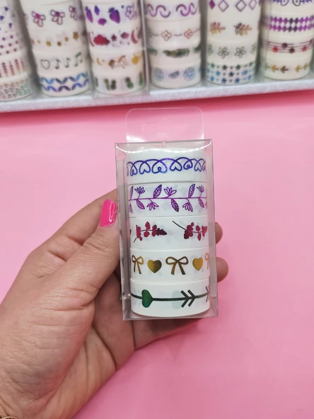Renkli Yaldızlı Vintage Washi Tape Bant Yapışkanlı Maskeleme Kağıdı 5 lı - Fiyonk ürün görseli 1