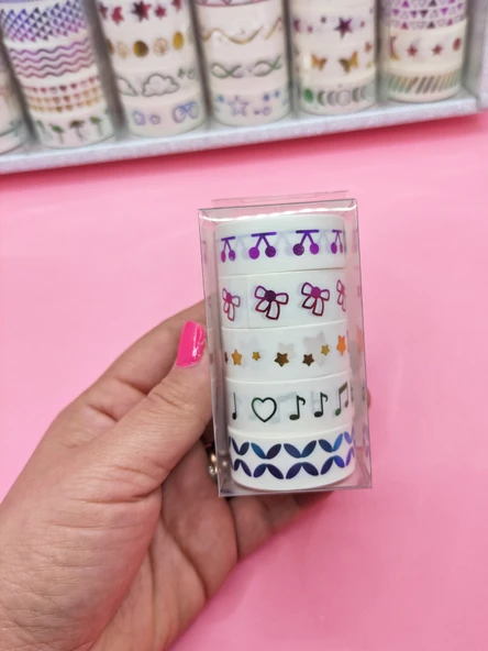 Renkli Yaldızlı Vintage Washi Tape Bant Yapışkanlı Maskeleme Kağıdı 5 lı - Kiraz ürün görseli 1
