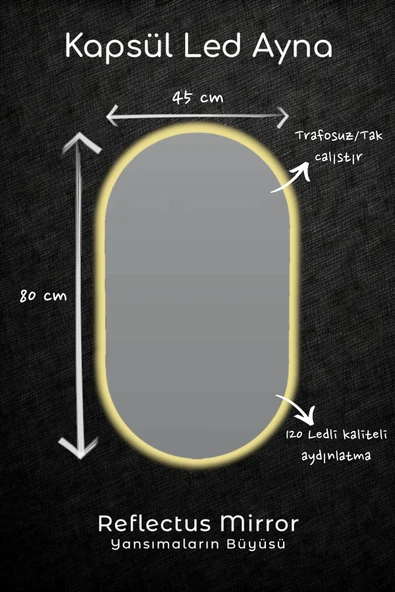 Reflectus Kapsül Günışığı Led Ayna 80x45 cm Dekoratif Banyo Led Aydınlatmalı Ayna ürün görseli 1
