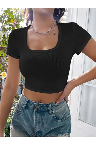 Kare Yaka Siyah Renk Fitilli Kısa Kollu Slim Fit Crop Top Bluz ürün görseli 1