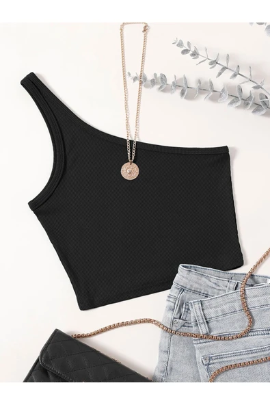 Asimetrik Yaka Kolsuz Tek Omuz Askılı Siyah Renk Fitilli Crop Top Bluz ürün görseli 1