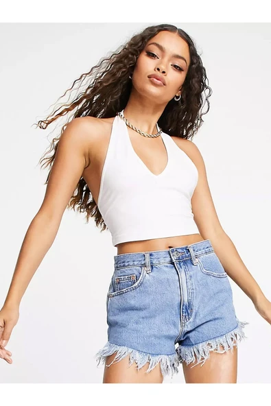 Kadın Boyun Askılı U Yaka Beyaz Crop Top Bluz ürün görseli 1