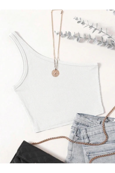 Asimetrik Yaka Kolsuz Tek Omuz Askılı Beyaz Renk Fitilli Crop Top Bluz ürün görseli 1
