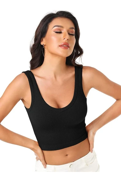Kadın U Yaka Siyah Renk Crop Top Bluz Atlet ürün görseli 1
