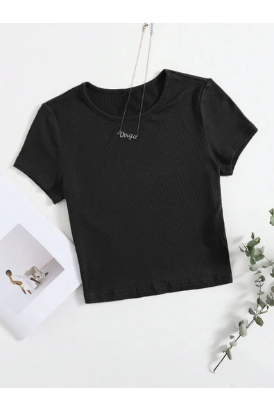 Bisiklet Yaka Siyah Renk Fitilli Kısa Kollu Slim Fit Crop Top Bluz ürün görseli 1