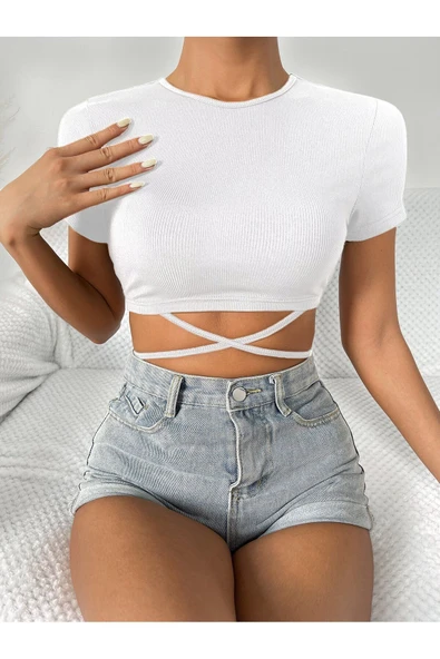 Beyaz Renk Bisiklet Yaka Düz Desensiz Likralı İpli Fitilli Kaşkorse Crop Top Kısa Kollu Bluz ürün görseli 1