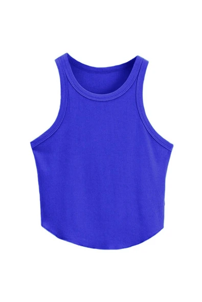 Kadın Oval Etekli Mavi Renk Bisiklet Yaka Crop Top Bluz ürün görseli 1