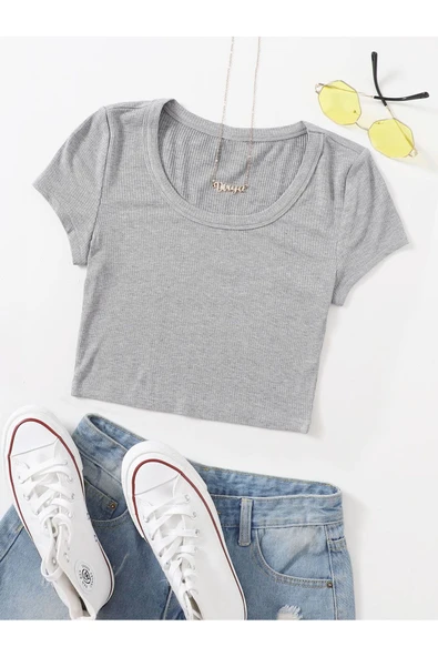 U Yaka Gri Renk Fitilli Kısa Kollu Regular Crop Top Bluz ürün görseli 1