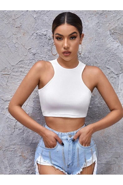 Beyaz Renk Halter Yaka Düz Desensiz Likralı Slim Fit Crop Top Bluz ürün görseli 1