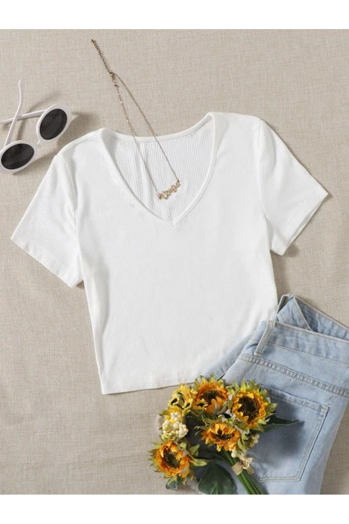 V Yaka Beyaz Renk Fitilli Kısa Kollu Regular Crop Top Bluz ürün görseli 1