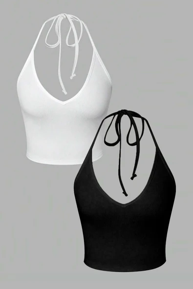 2 Li Paket V Yaka Siyah Beyaz Renk Desensiz Fitilli Kolsuz Boyun Askılı Likralı Fit Crop Top Bluz ürün görseli 1