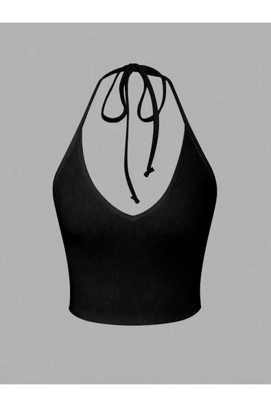 V Yaka Siyah Renk Desensiz Boyun Bağlamalı Fitilli Kısa Kolsuz Likralı Fit Crop Top Bluz ürün görseli 1
