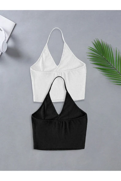 2 Li Paket U Yaka Siyah Beyaz Renk Desensiz Fitilli Kolsuz Askılı Likralı Fit Crop Top Bluz ürün görseli 1