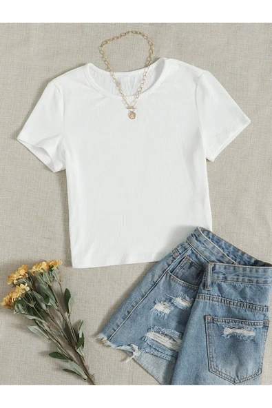 Bisiklet Yaka Beyaz Renk Fitilli Kısa Kollu Slim Fit Crop Top Bluz ürün görseli 1