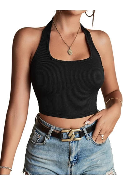 Kadın Boyun Askılı U Yaka Siyah Renk Fitilli Crop Top Bluz ürün görseli 1