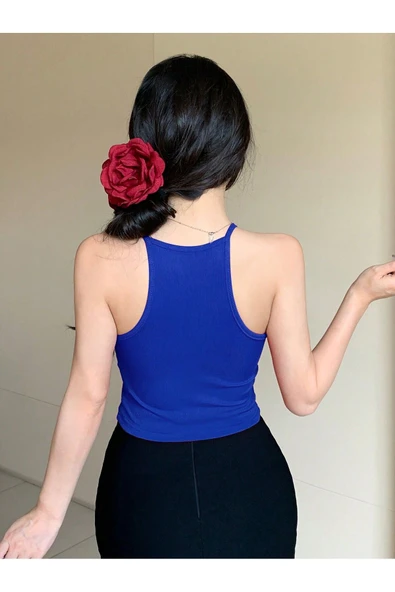 Askılı Halter Yaka Yüzücü Sırtlı Mavi Renk Fitilli Crop Top Bluz ürün görseli 1