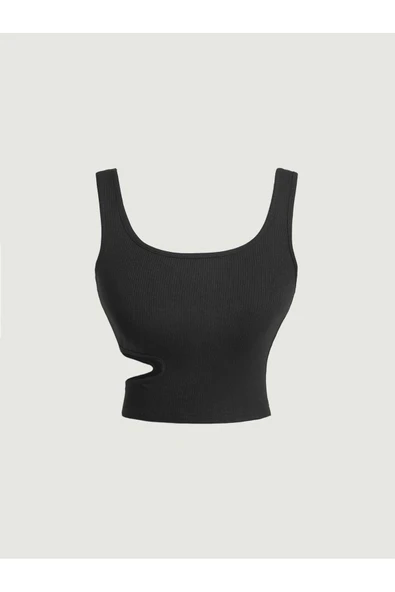 U Yaka Omuz Askılı Asimetrik Kesim Siyah Renk Desensiz Kolsuz Fitilli Likralı Fit Crop Top Bluz ürün görseli 1