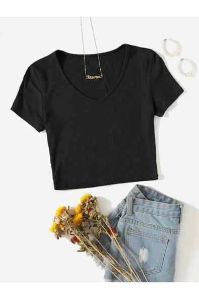 V Yaka Siyah Renk Fitilli Kısa Kollu Regular Crop Top Bluz ürün görseli 1