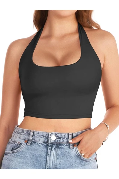 Kadın Kare Yaka Siyah Renk Crop Top Bluz ürün görseli 1