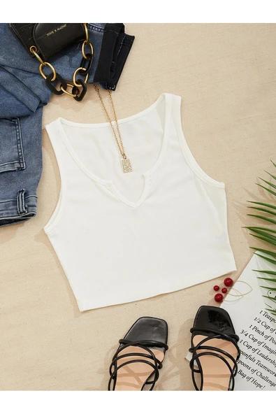 V Yaka Beyaz Renk Fitilli Crop Top Bluz ürün görseli 1