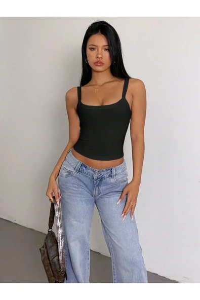 Siyah Renk Kalın Askılı Düz Desensiz Fitilli Likralı Kaşkorse Crop Top Bluz ürün görseli 1
