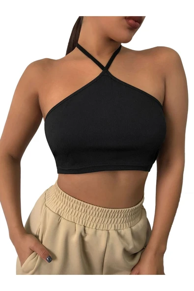 Kadın Boyundan Bağlamalı Siyah Renk Crop Top Bluz ürün görseli 1