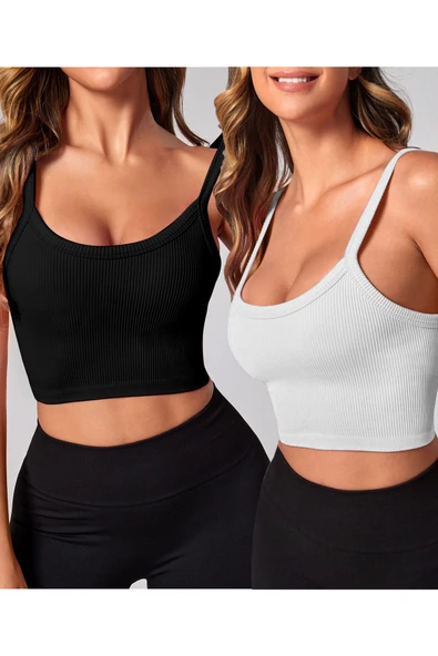 2 Li Paket U Yaka Siyah Beyaz Renk Desensiz Fitilli Kolsuz Askılı Likralı Fit Crop Top Bluz ürün görseli 1