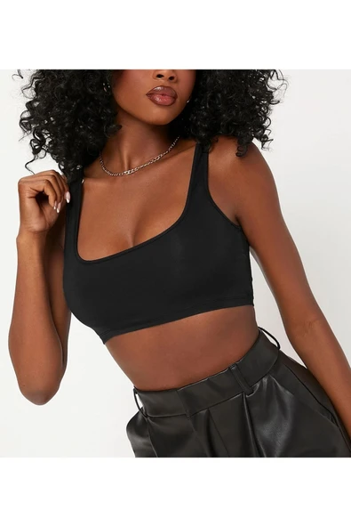 Kadın Kare Yaka Siyah Slim Fit Mini Crop Top Bluz ürün görseli 1