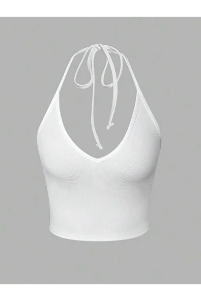 V Yaka Beyaz Renk Desensiz Boyun Bağlamalı Fitilli Kolsuz Likralı Fit Crop Top Bluz ürün görseli 1