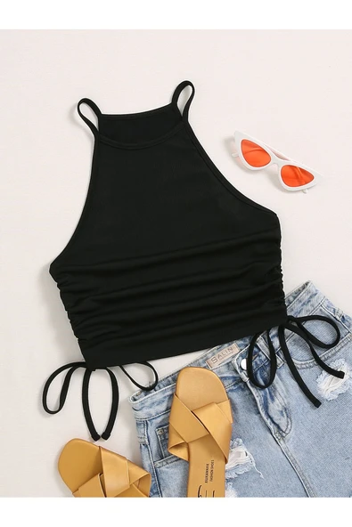 Askılı Halter Yaka Yüzücü Sırtlı Yanları İpli Siyah Renk Fitilli Crop Top Bluz ürün görseli 1