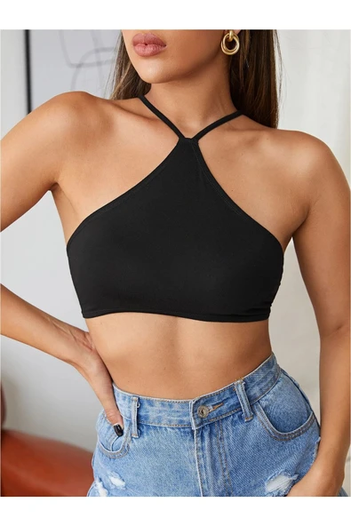 Kadın Siyah Renk Sırtı Açık Bağcıklı Sütyen Stil Super Crop Halter Bluz ürün görseli 1